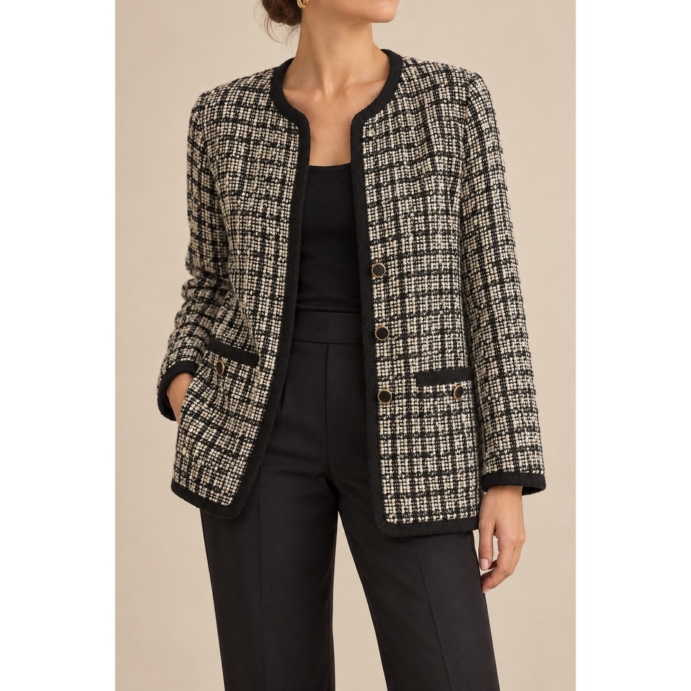 XL 216 Vintage Koret Black White Wool Blend Tweed Jacket Longline Gold Button